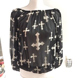 Emma Rose Black and White Cross Print Long Sleeve Sheer Blouse Sz M